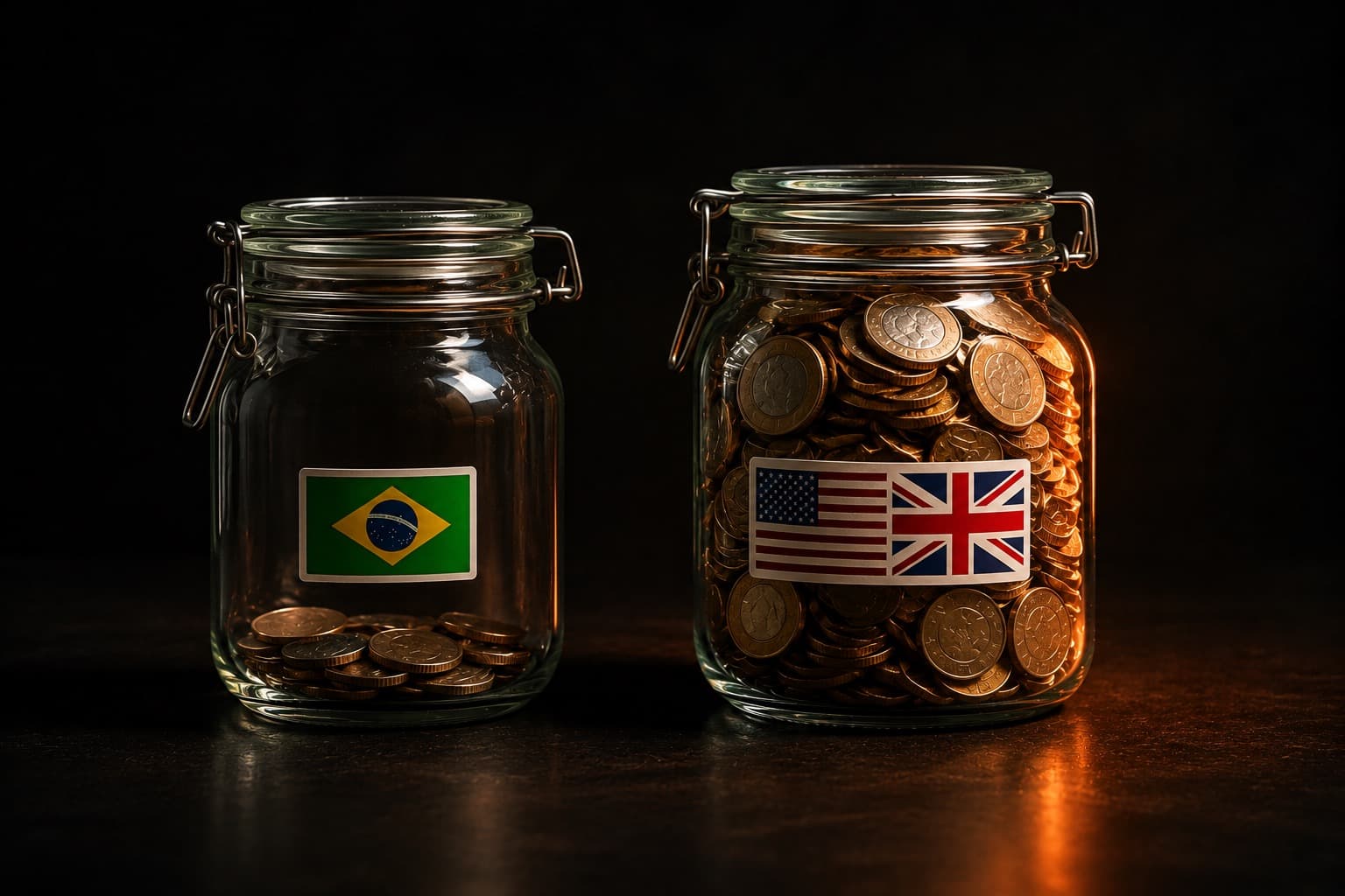 Dois potes de moedas: o de público brasileiro quase vazio, o de público EUA/Reino Unido cheio