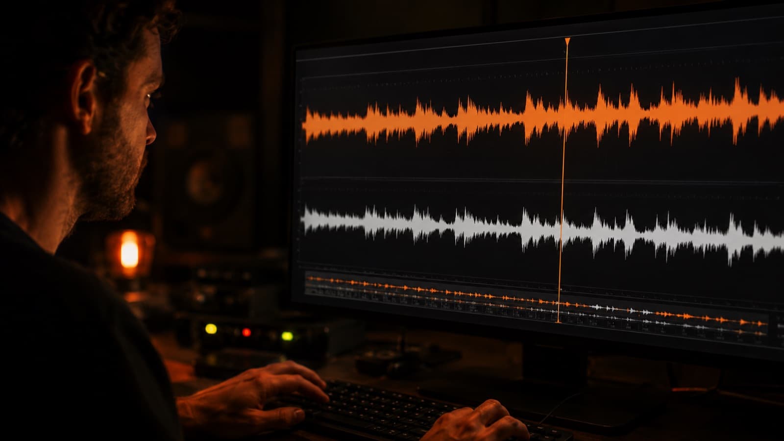 Timeline de áudio brilhando num monitor no escuro, mãos no teclado