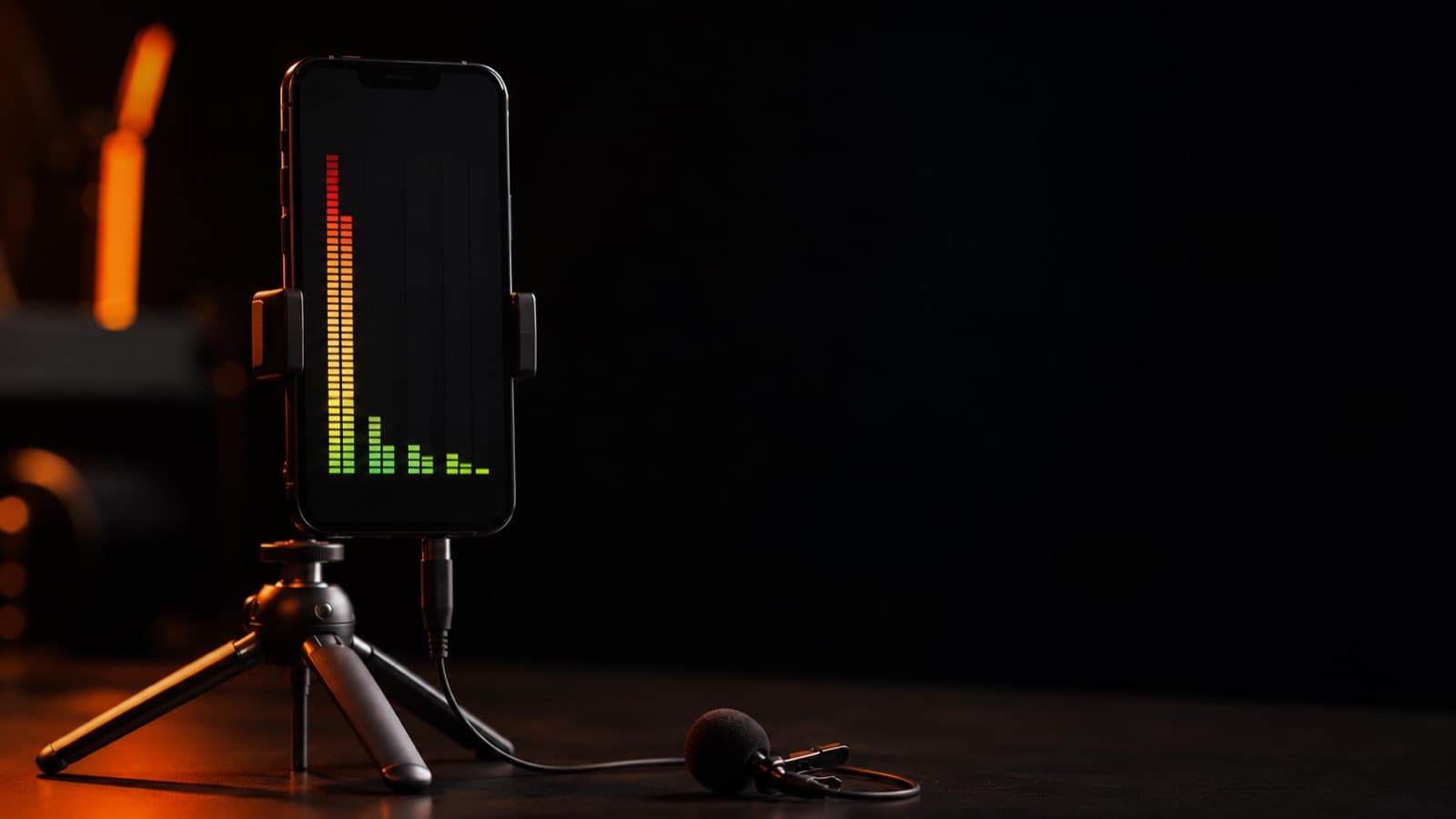 Celular num mini tripé com o medidor de áudio na tela: pico alto à esquerda, voz baixa depois