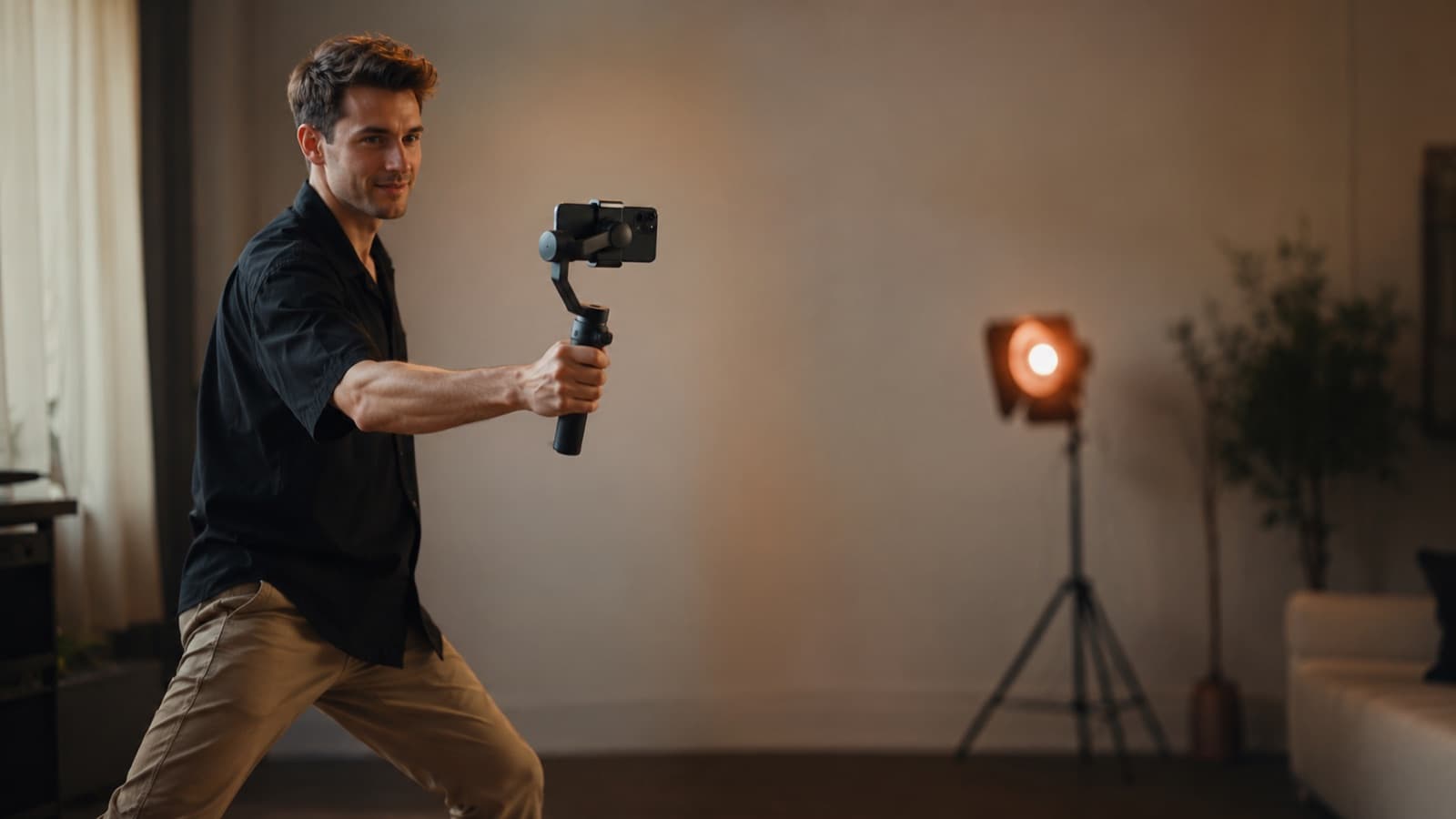 Criador caminhando enquanto grava com o celular num gimbal — a imagem fica estável mesmo em movimento