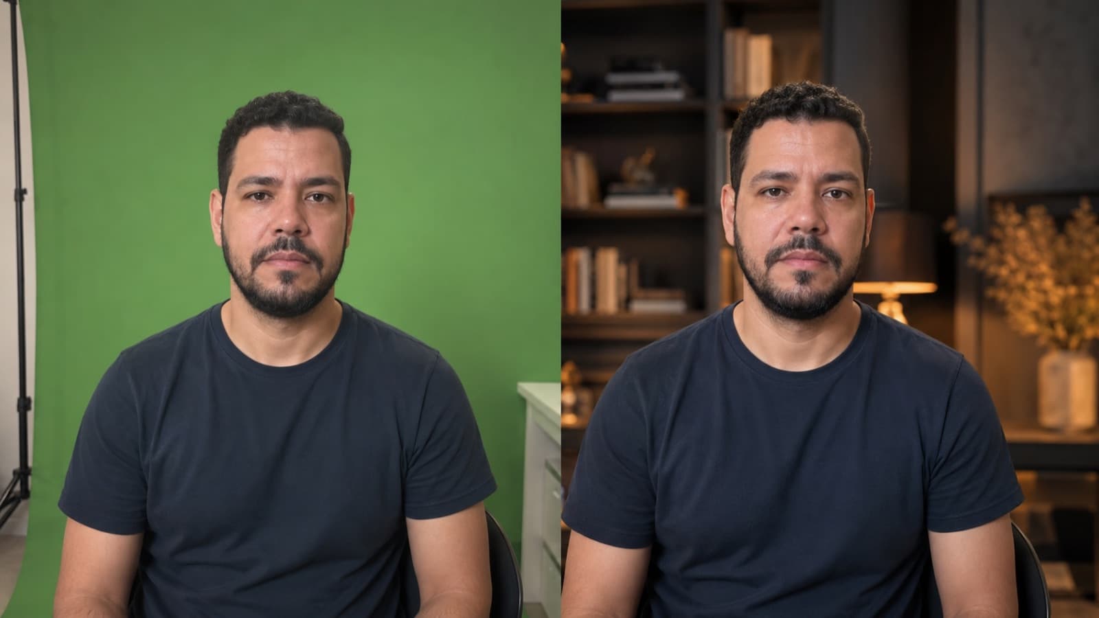 A mesma pessoa: à esquerda no fundo verde, à direita já recortada num cenário novo