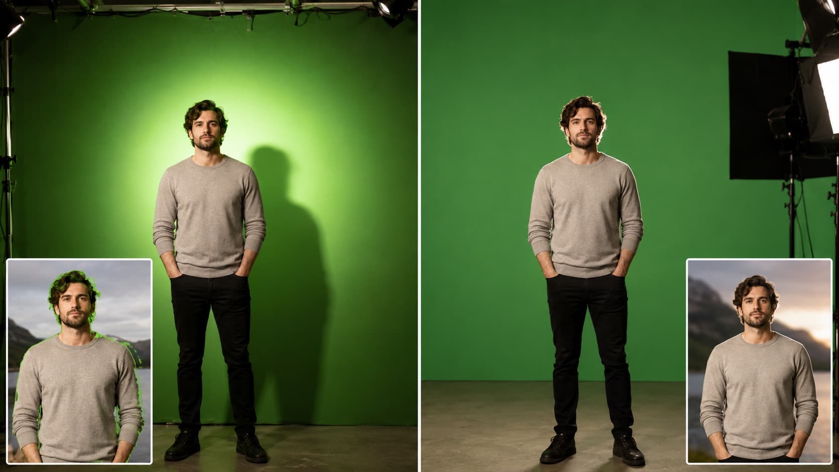 Iluminação do fundo verde: ruim (manchada) × boa (uniforme)
