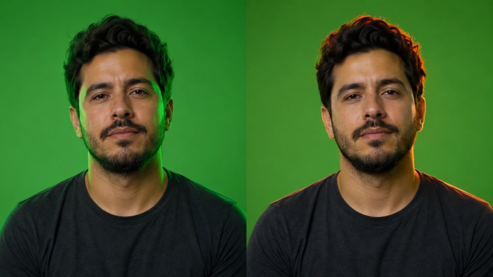 Pessoa colada no fundo verde (verde vaza nas bordas) × afastada com contraluz (bordas limpas)