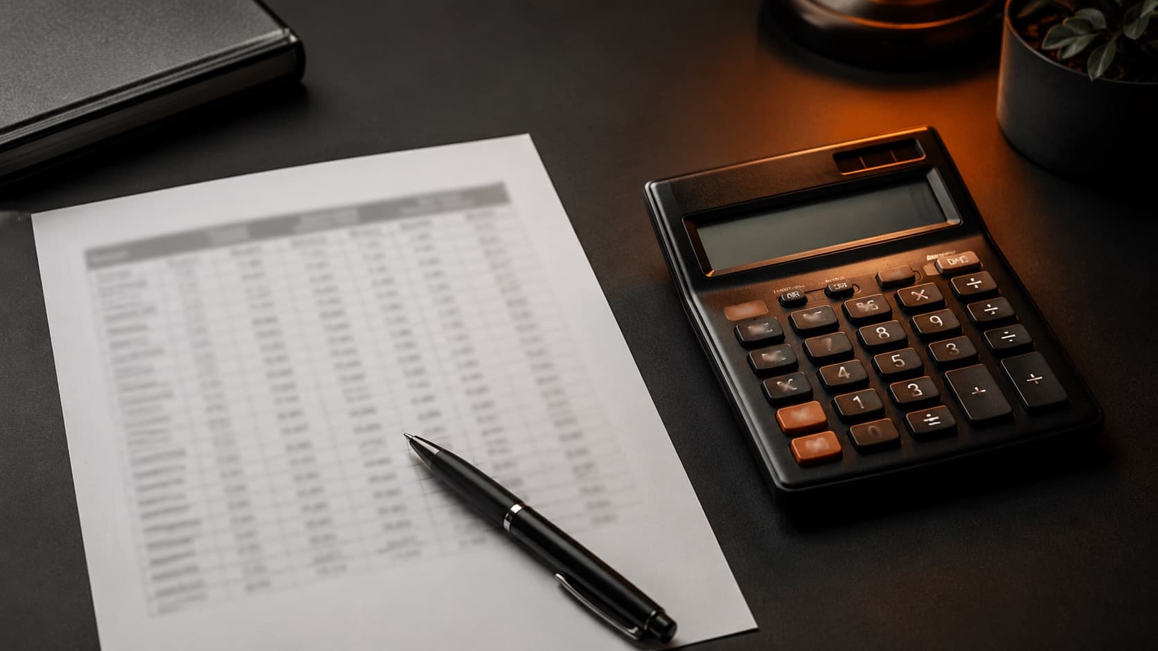 Calculadora de escritório e uma tabela de porcentagens sobre uma mesa escura — planejamento tributário