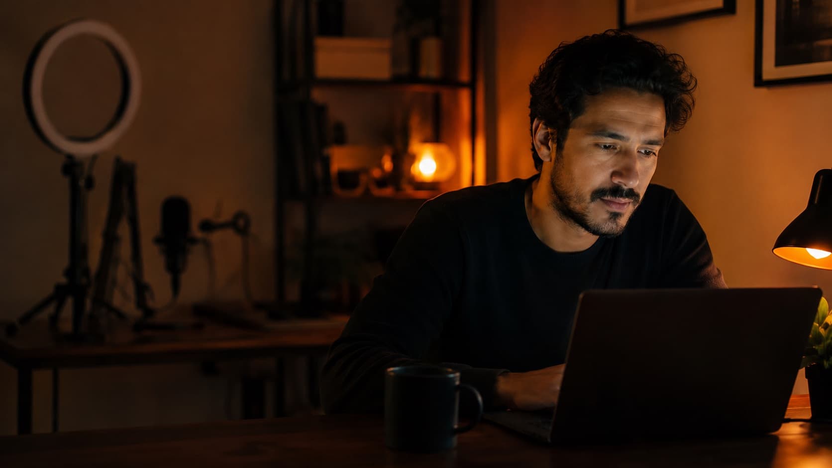 Criador de conteúdo trabalhando num cantinho de home office aconchegante à noite