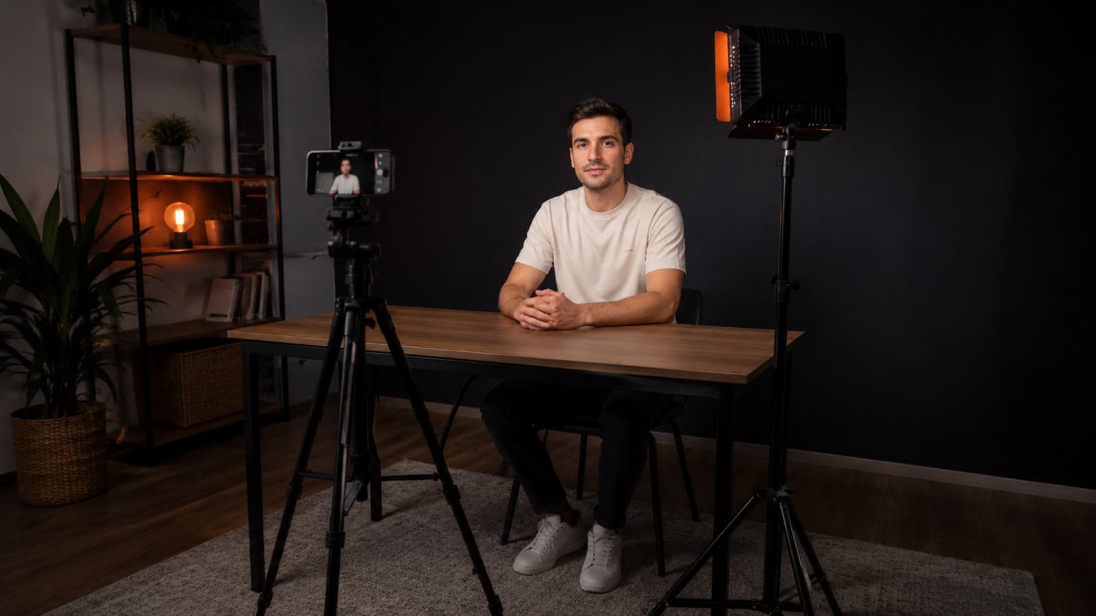Setup simples de gravação de talking-head em casa: celular no tripé e um painel de luz