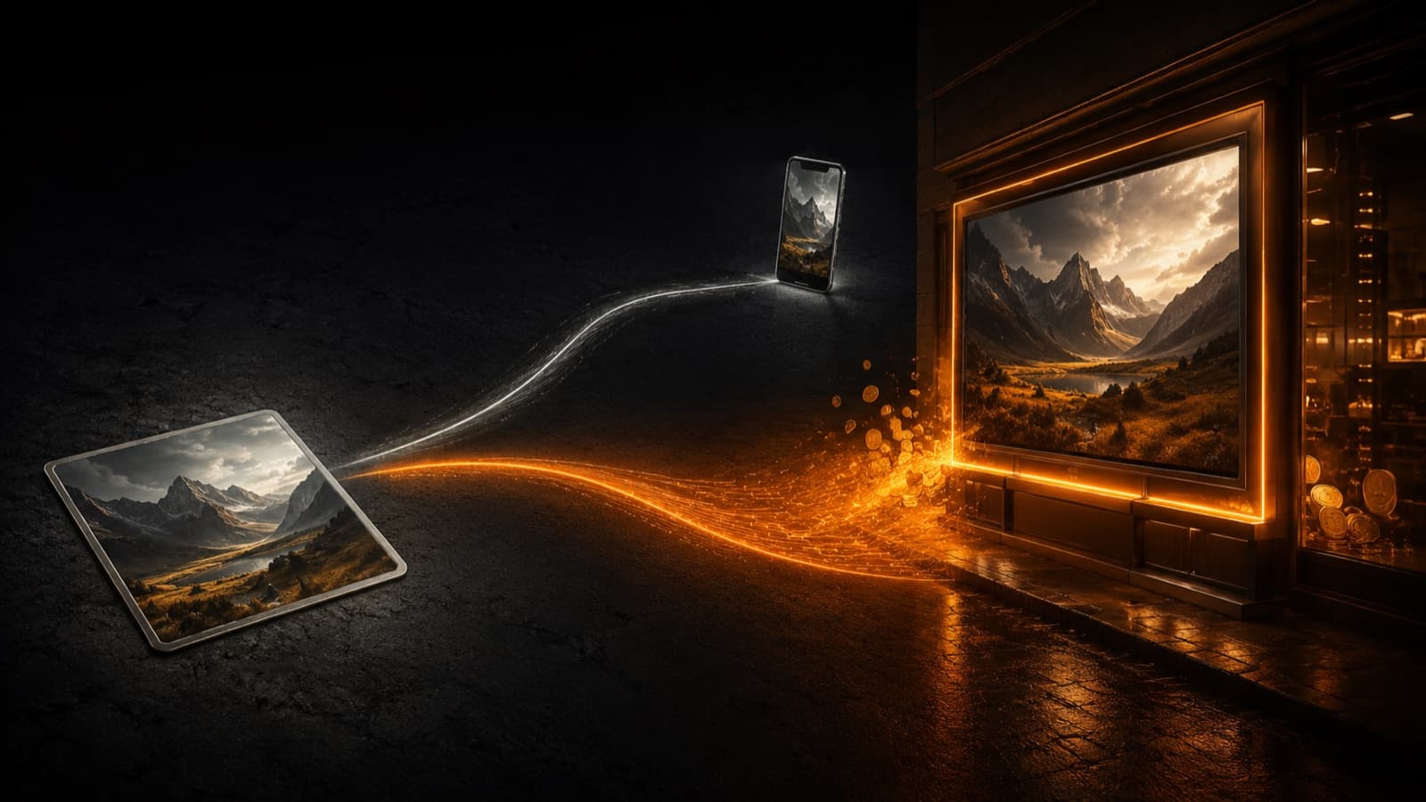 O mesmo recurso indo de um celular (uso pessoal) a uma tela grande iluminada (uso comercial)