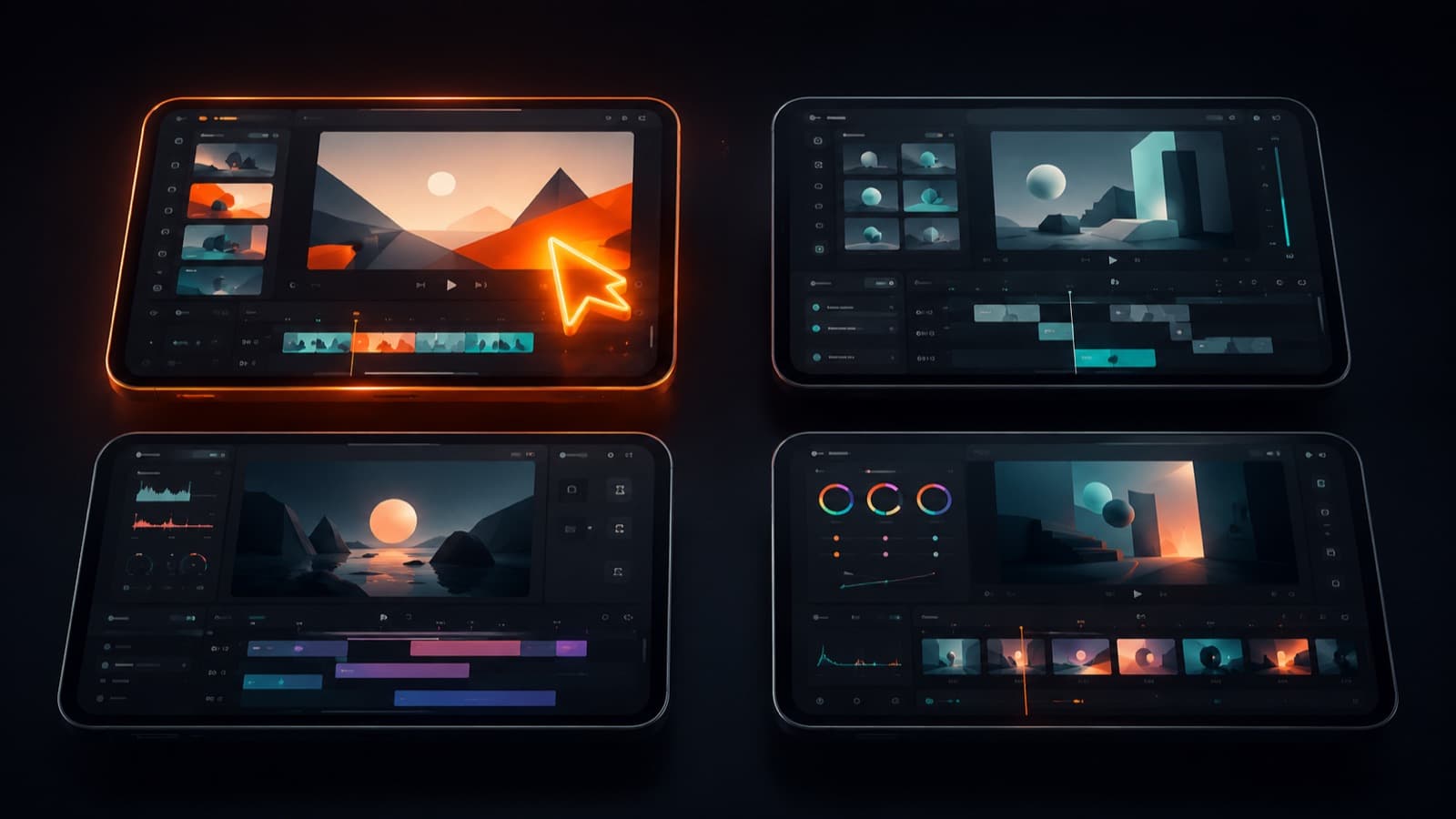 Quatro tablets em grade mostrando interfaces de edição diferentes, com um cursor laranja sobre uma delas