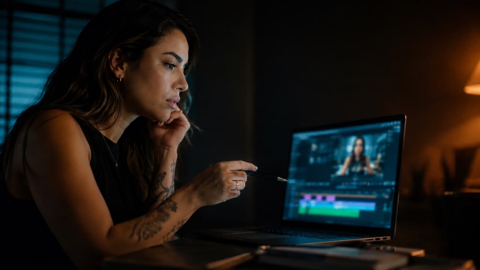 Criadora assistindo à própria gravação no notebook, caneta na mão apontando para a timeline
