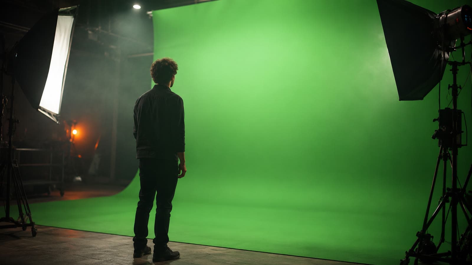 Set de filmagem com tela verde (chroma key) iluminada por refletores