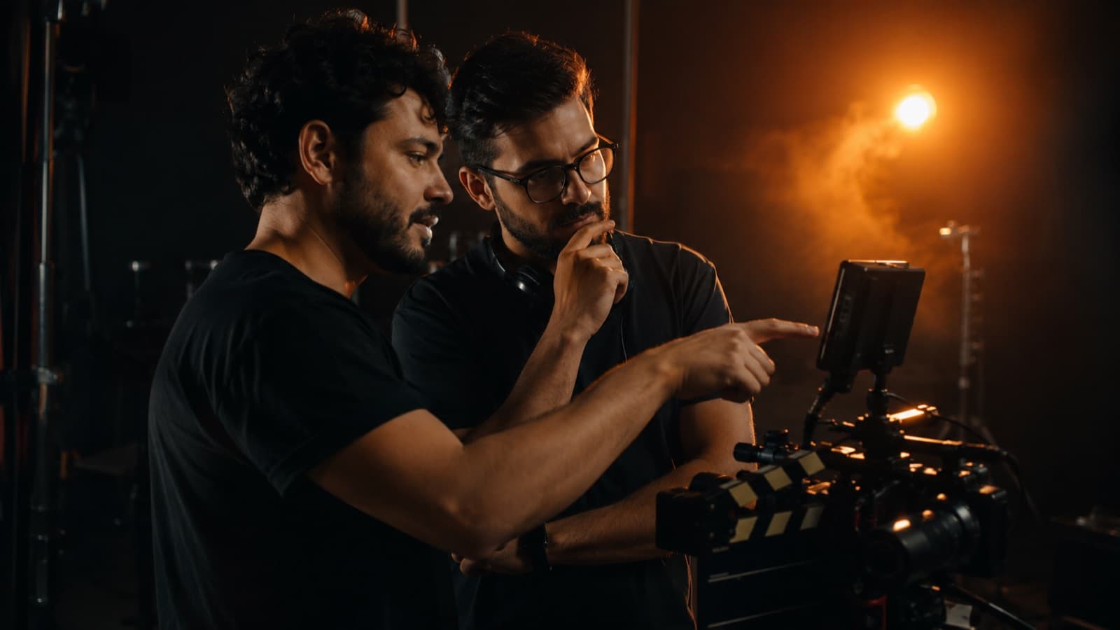 Criador e editor planejando o efeito juntos num set, antes de gravar