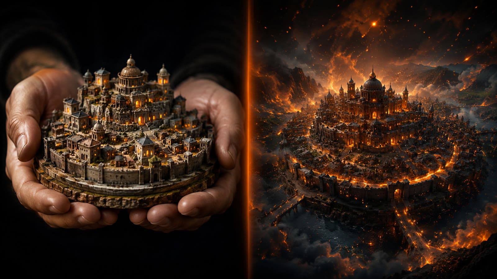 Díptico: à esquerda mãos segurando uma cidade em miniatura (prático); à direita a mesma cidade em CGI épico