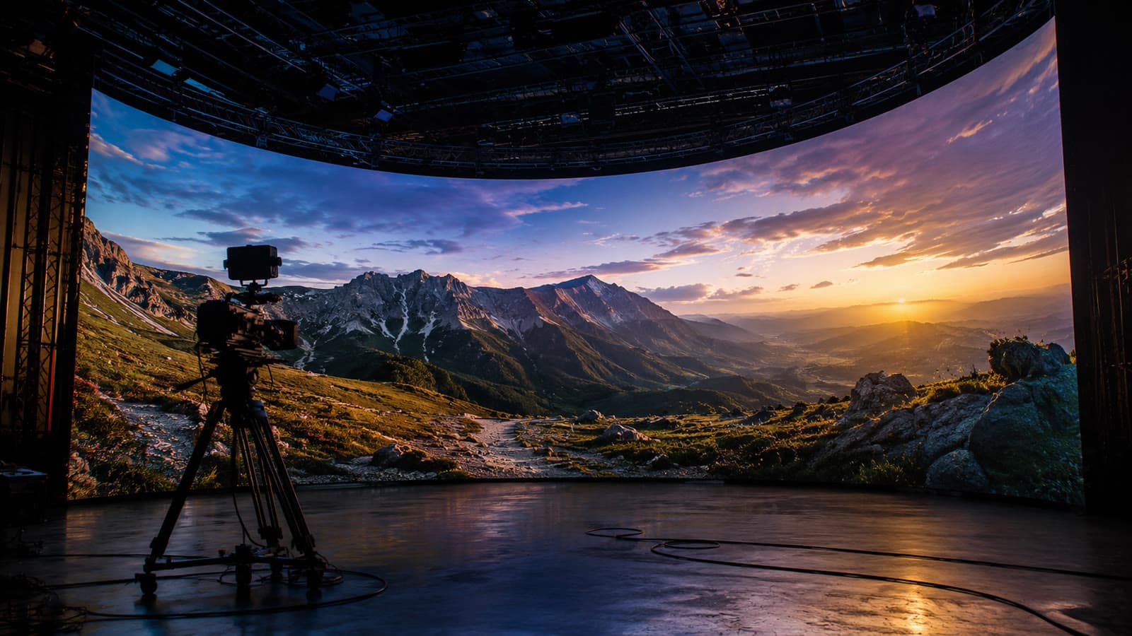 Parede curva de LED exibindo uma paisagem de montanhas, atrás de uma câmera de cinema num set