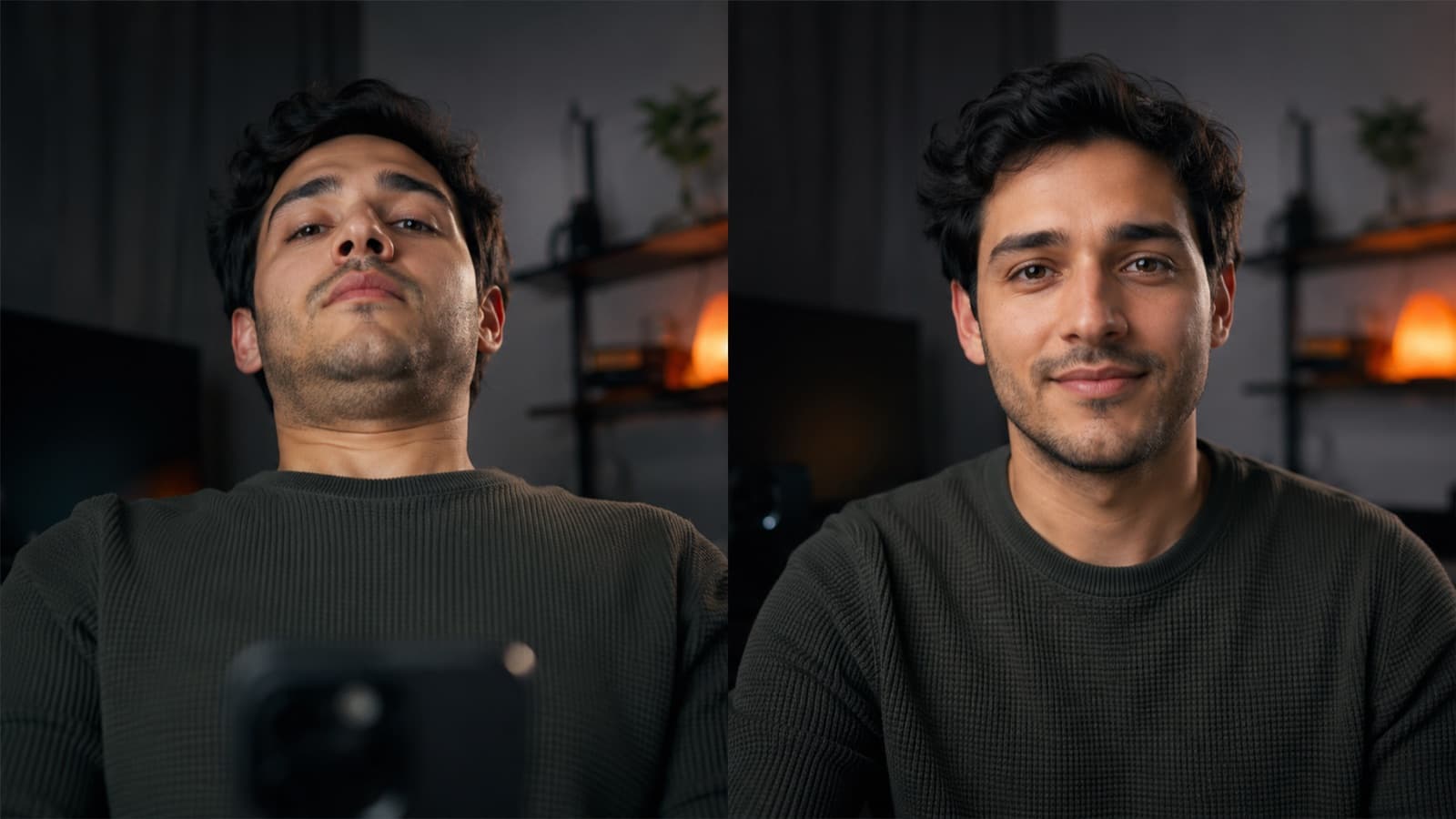 Díptico: celular baixo na mesa (ângulo de baixo, papada) × celular na altura dos olhos (natural)