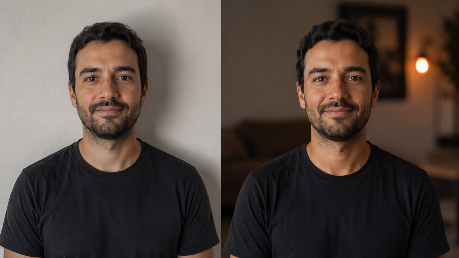 Díptico: pessoa colada na parede (fundo chapado) × afastada (fundo desfocado, com profundidade)