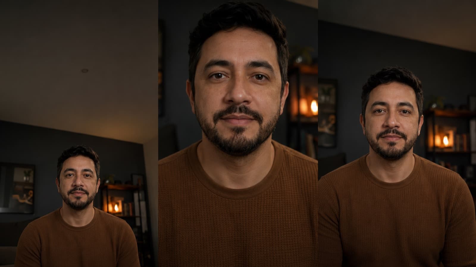 Foto real dos três headrooms (muito, pouco e certo) com a mesma pessoa no mesmo cenário