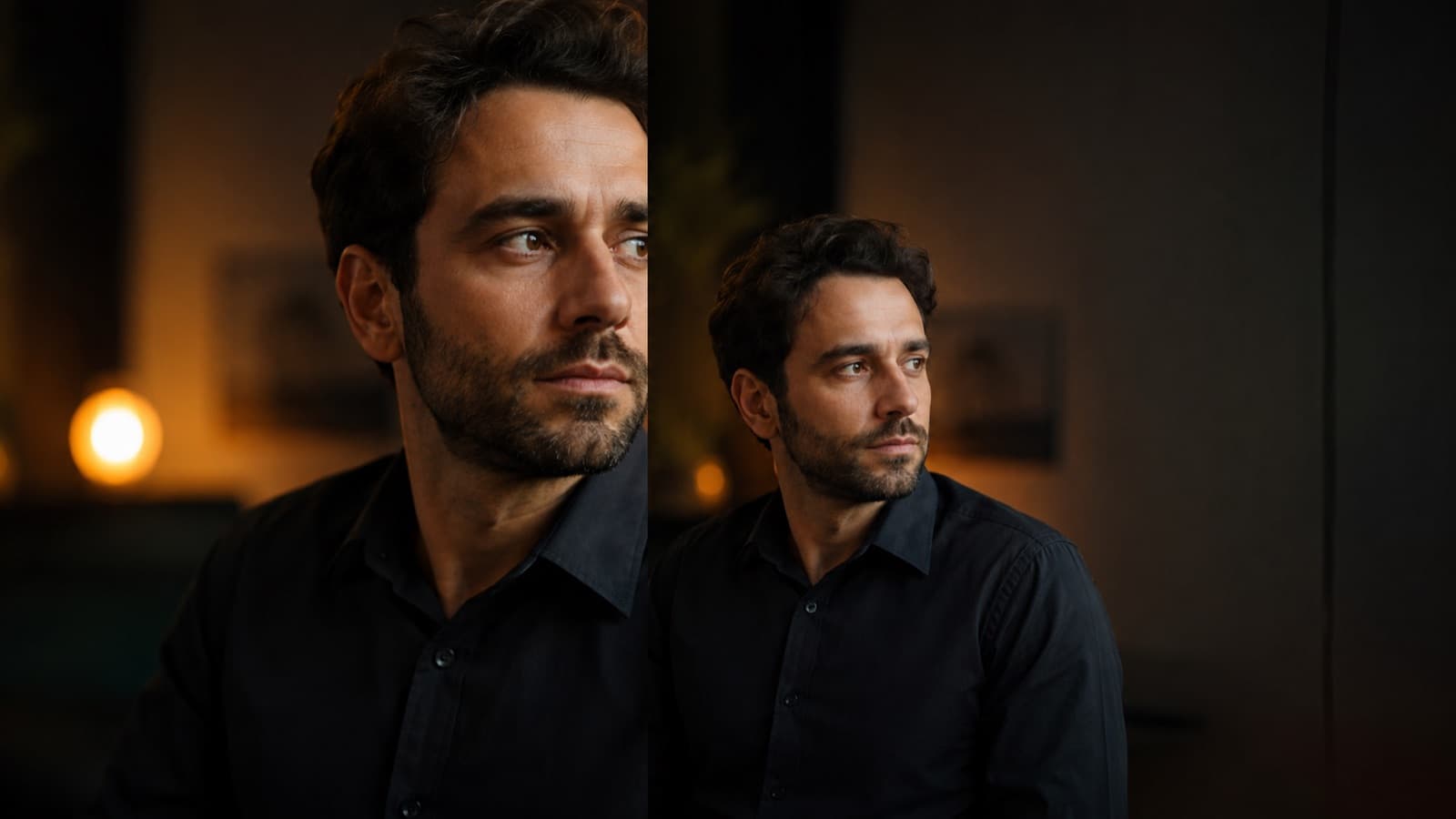 Díptico: sem look room (rosto espremido na borda) × com look room (espaço aberto à frente do olhar)