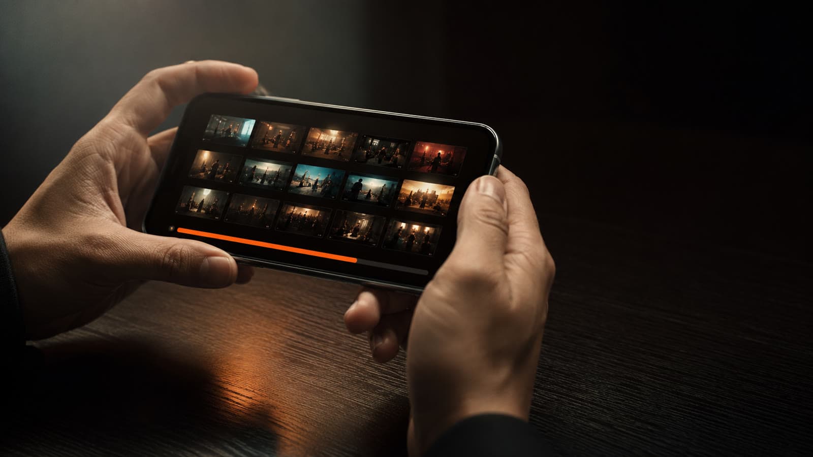 Mãos enviando um vídeo do celular, barra de upload em andamento