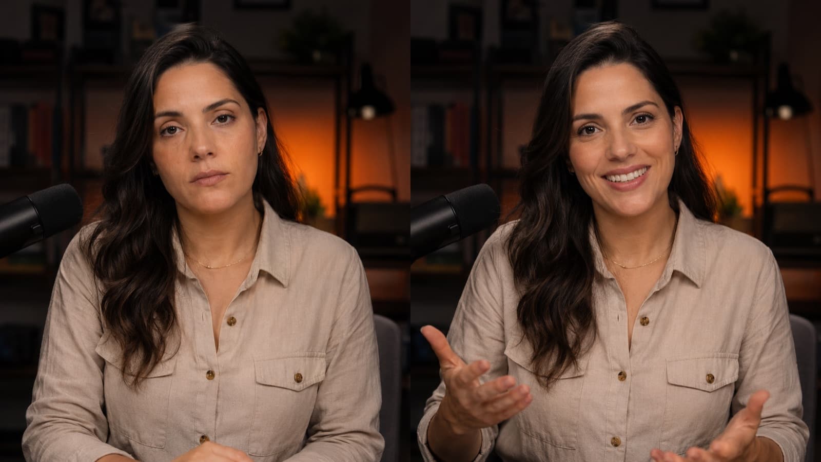 Mesma pessoa lado a lado: à esquerda com energia baixa e apática, à direita com energia alta, sorrindo e gesticulando