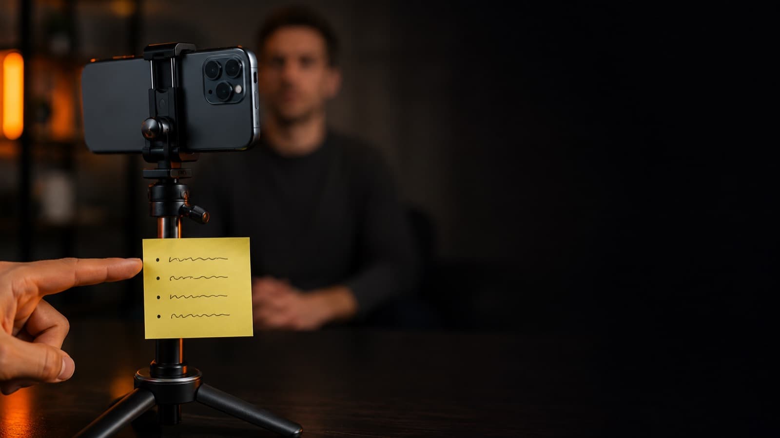Post-it com tópicos colado na haste do tripé, à altura da lente do celular, com um dedo apontando