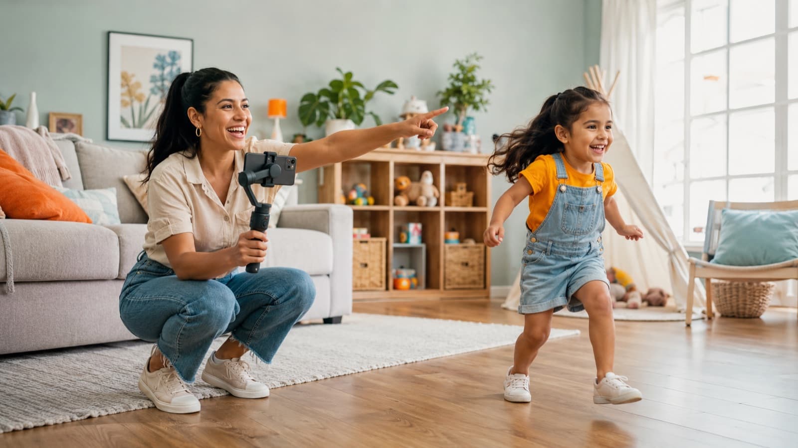 Mãe aponta com a mão livre e a criança vai na direção apontada, em ambiente claro e colorido