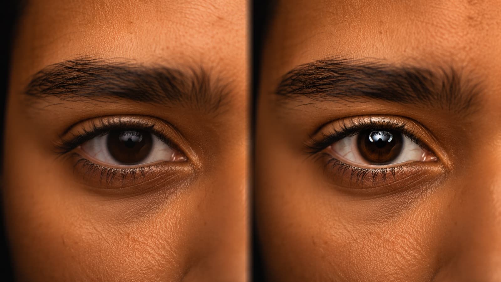 Close nos olhos sem catchlight (apagado) e com catchlight (o reflexo da luz dá vida ao olhar)
