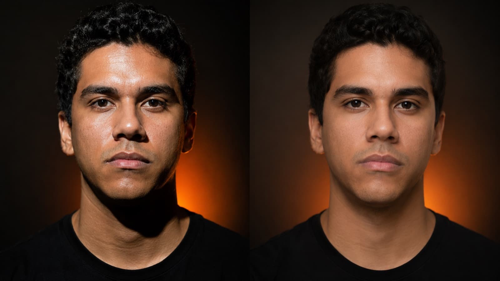 O mesmo rosto com luz dura (sombras pesadas) e luz suave (sombras macias)