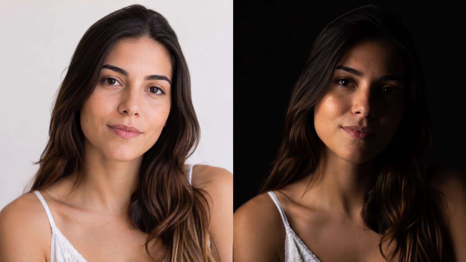 A mesma pessoa em high-key (clara, fundo branco) e low-key (escura, fundo preto)