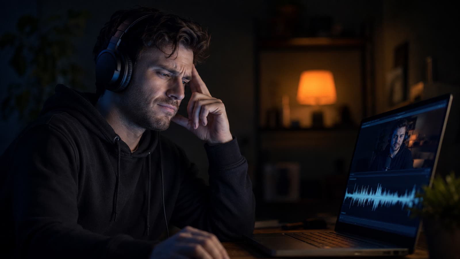 Criador ouvindo o próprio vídeo com fones, frustrado com o eco