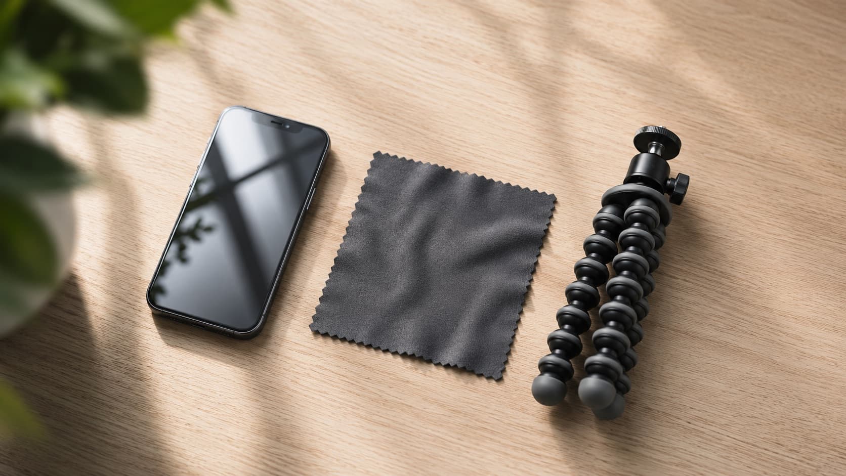 Kit Tier 0: celular, pano de lente e mini tripé