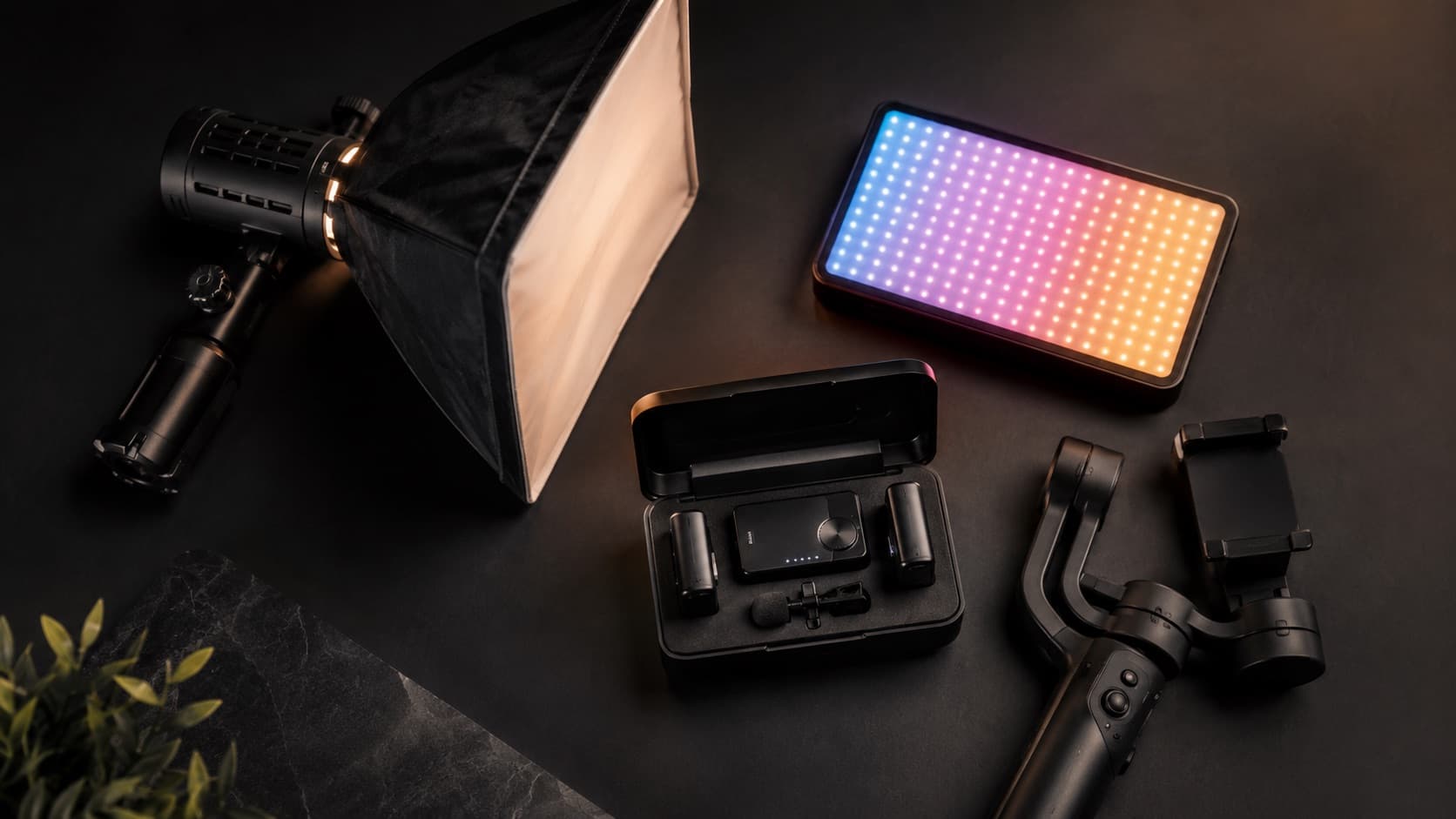 Kit Tier 2: COB com softbox, painel RGB, mic e gimbal