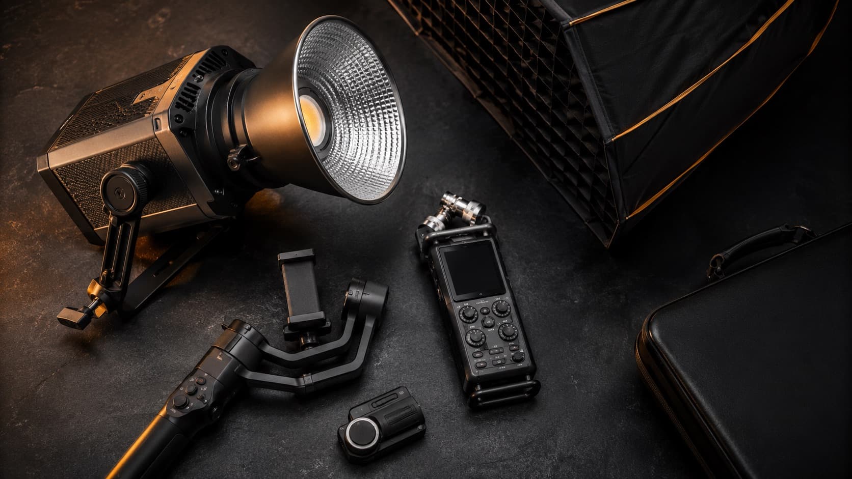 Kit Tier 3: COB cinema, gravador 32-bit, gimbal pro e softbox