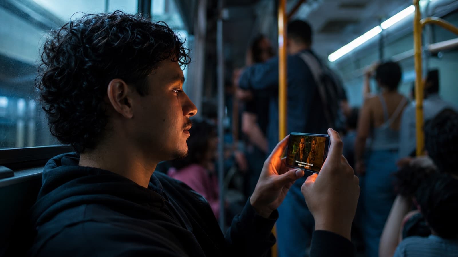 Jovem assistindo vídeo no celular num ônibus lotado, sem fones, com a tela acesa
