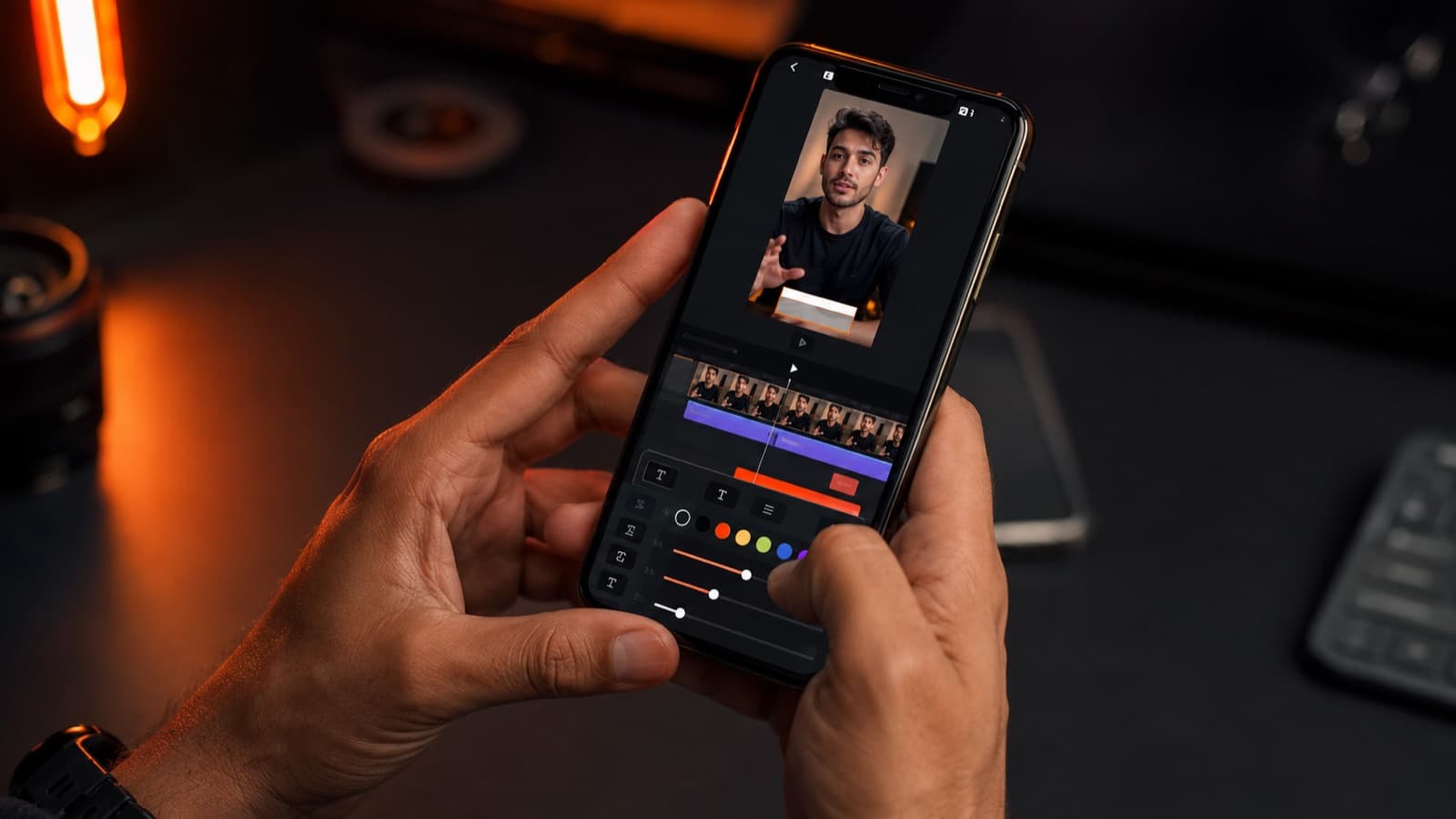 Mãos editando legenda estilizada num app de celular, com timeline e paleta de cores na tela