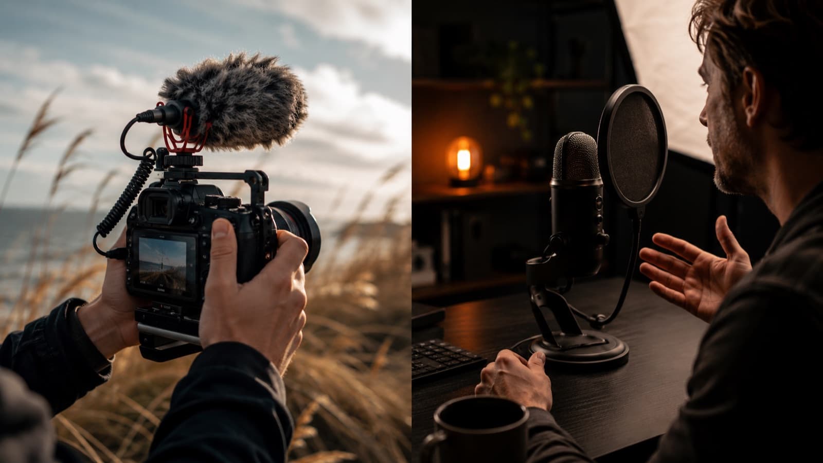 Díptico: shotgun com dead cat peluda ao ar livre × microfone USB com pop filter na mesa