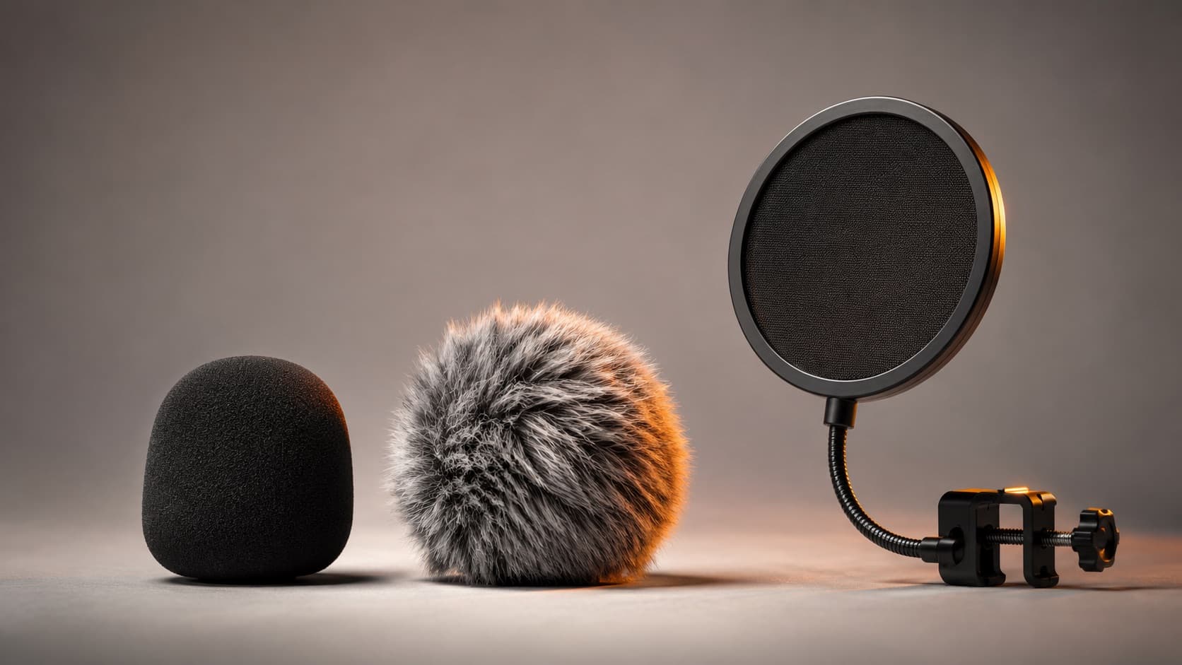 Espuma, dead cat e pop filter lado a lado