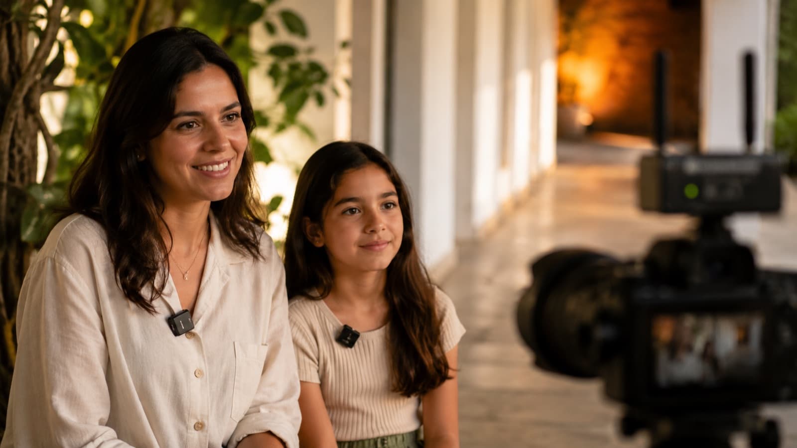 Entrevista com duas pessoas, cada uma com um transmissor sem fio clipado na roupa