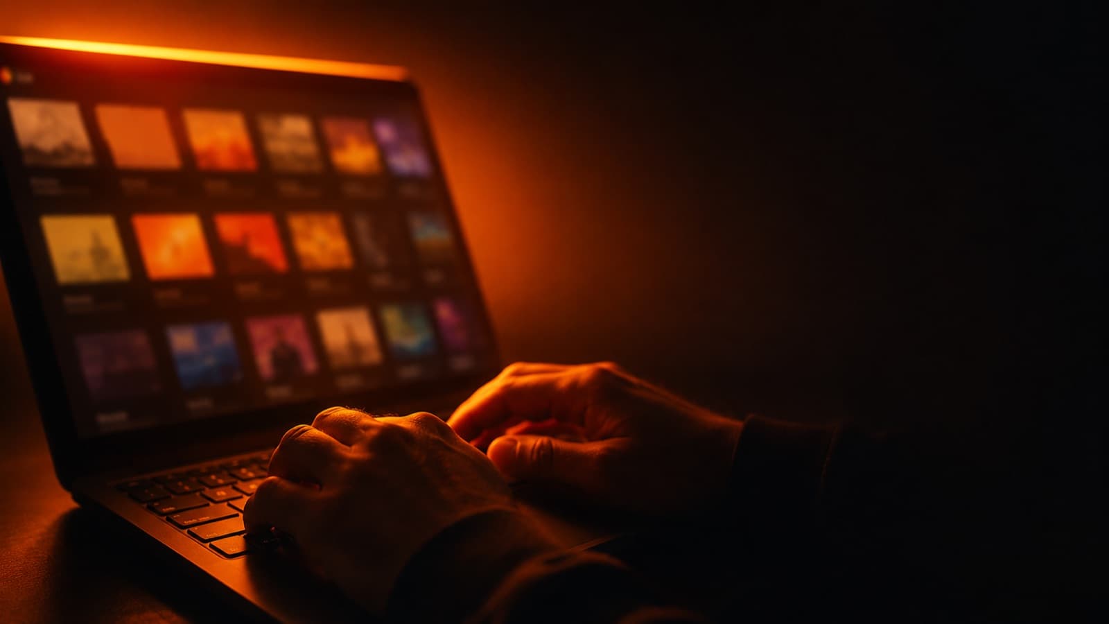 Mãos num teclado de laptop com uma biblioteca de música por assinatura na tela