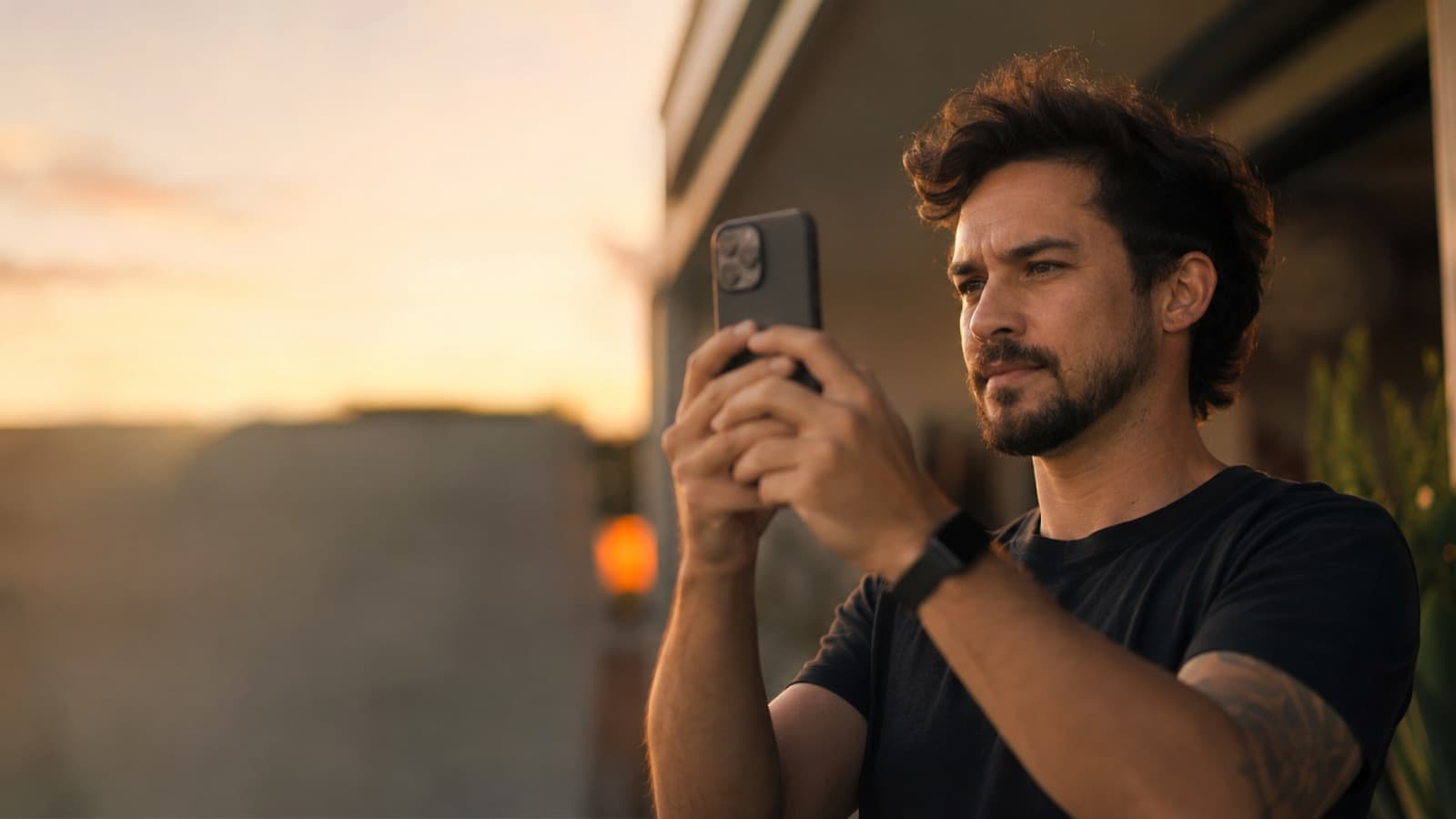 Criador avaliando um local externo com o celular, no golden hour