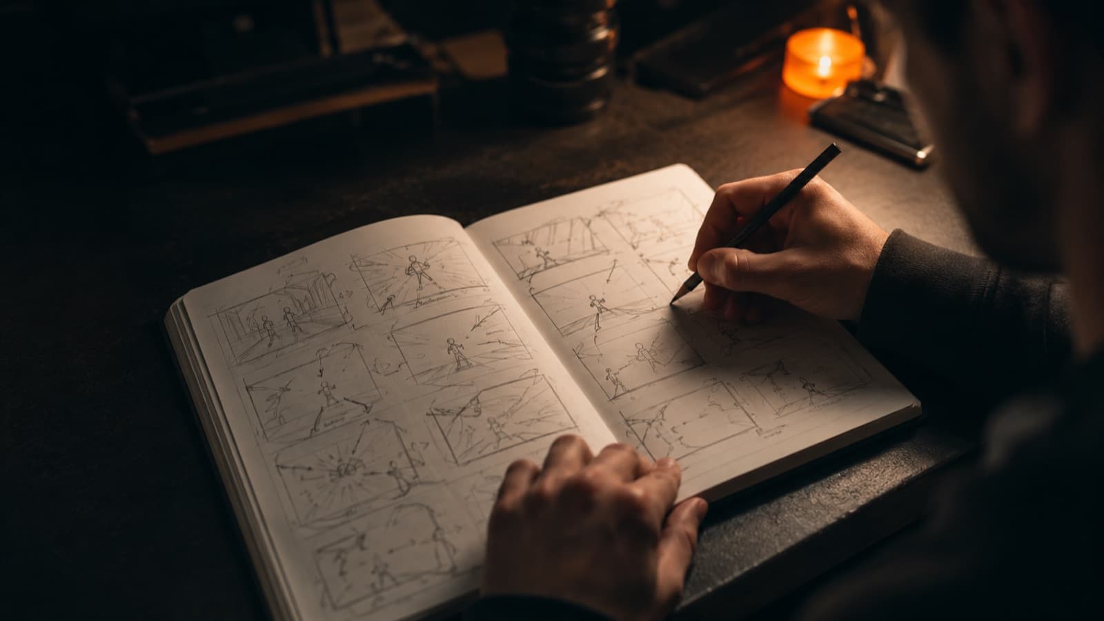 Mãos desenhando um storyboard de bonecos de palito num caderno