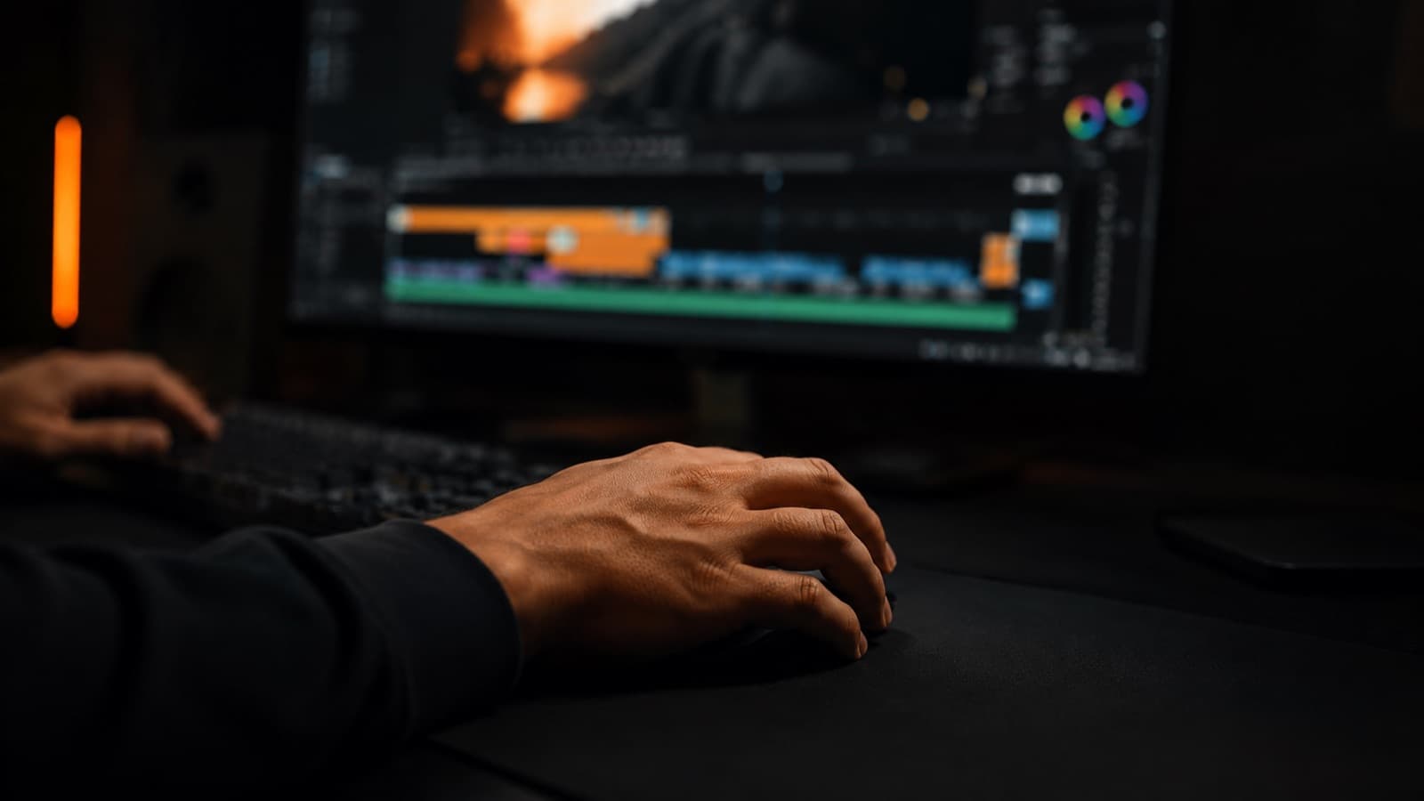 Mãos de editor arrastando um recorte na timeline — o gesto de reenquadrar