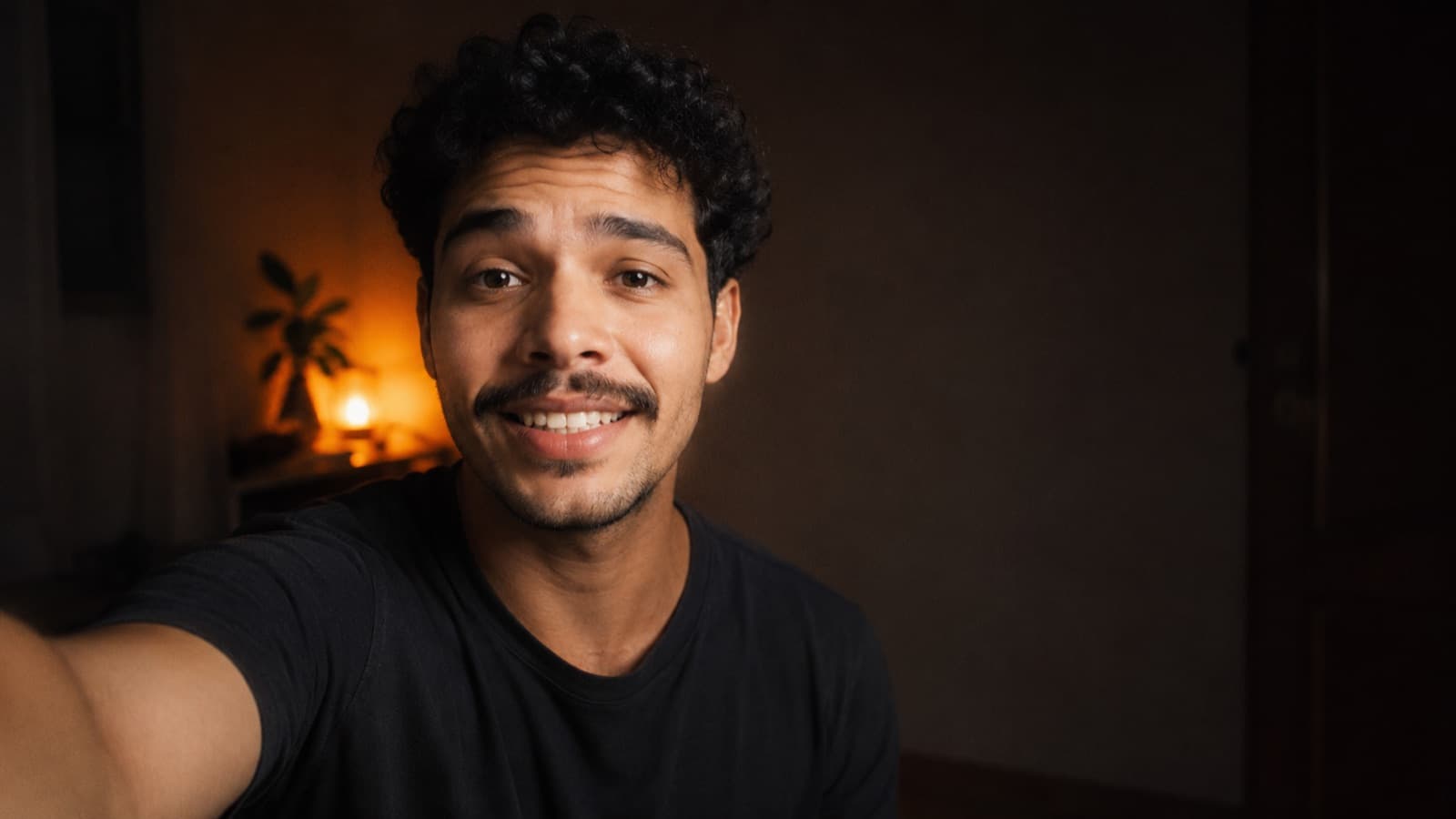 Criador sorrindo pra câmera no braço esticado, o clássico 'oi gente' antes de começar