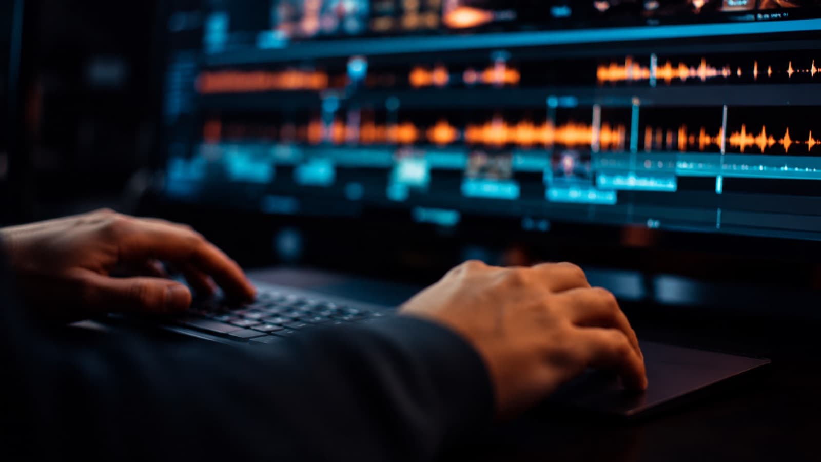 Mãos no teclado editando, com uma timeline de áudio e cortes brilhando ao fundo