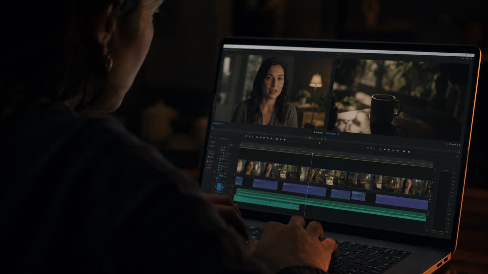 Editor numa timeline com um clipe de cabeça-falante intercalado com b-roll