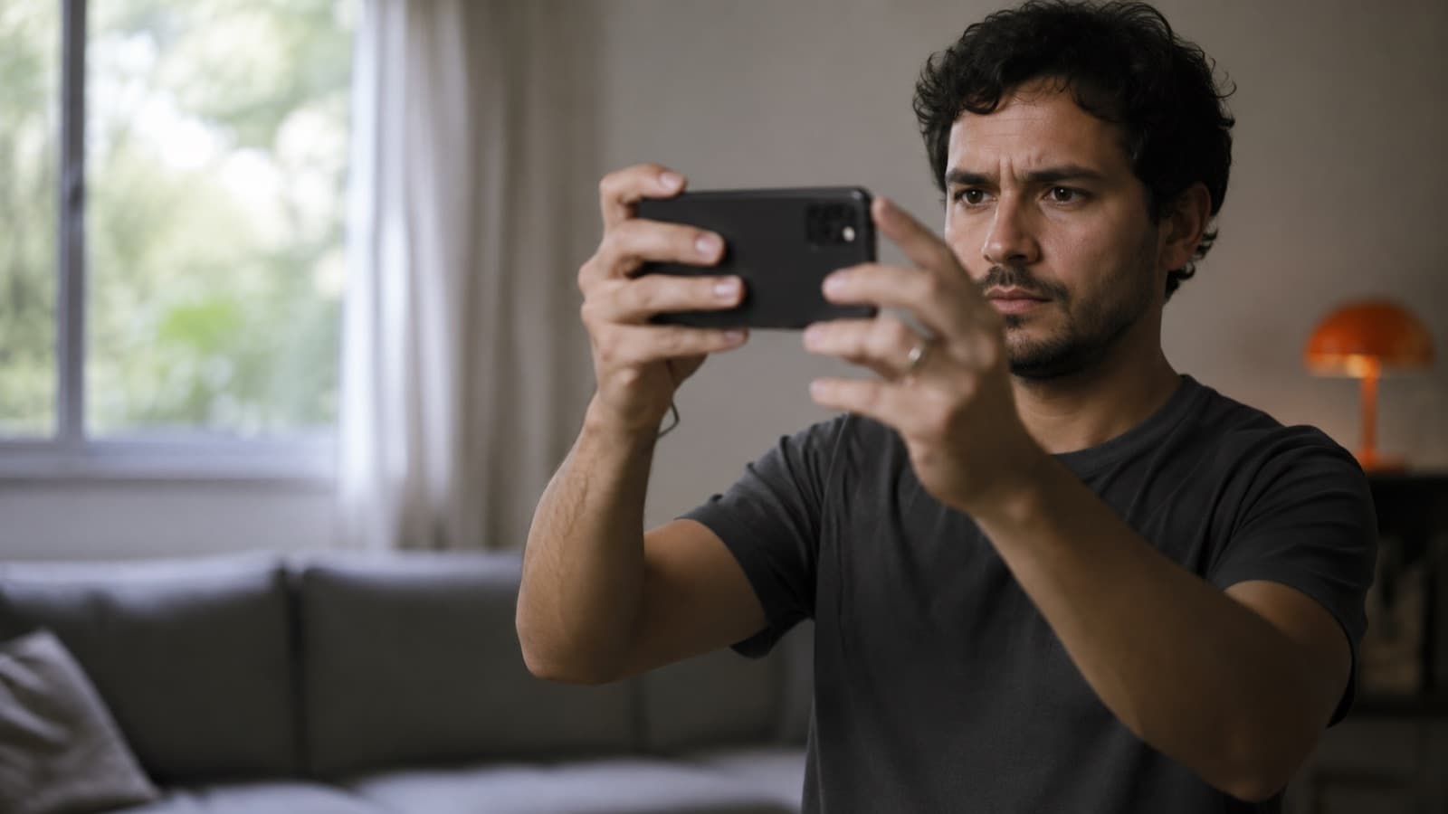 Pessoa compondo um enquadramento com o celular na sala antes de gravar