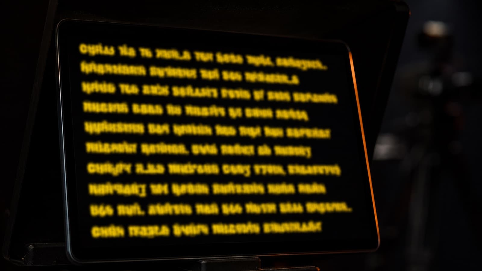 Tela de teleprompter com texto amarelo sobre fundo preto, fonte grande e bem espaçada