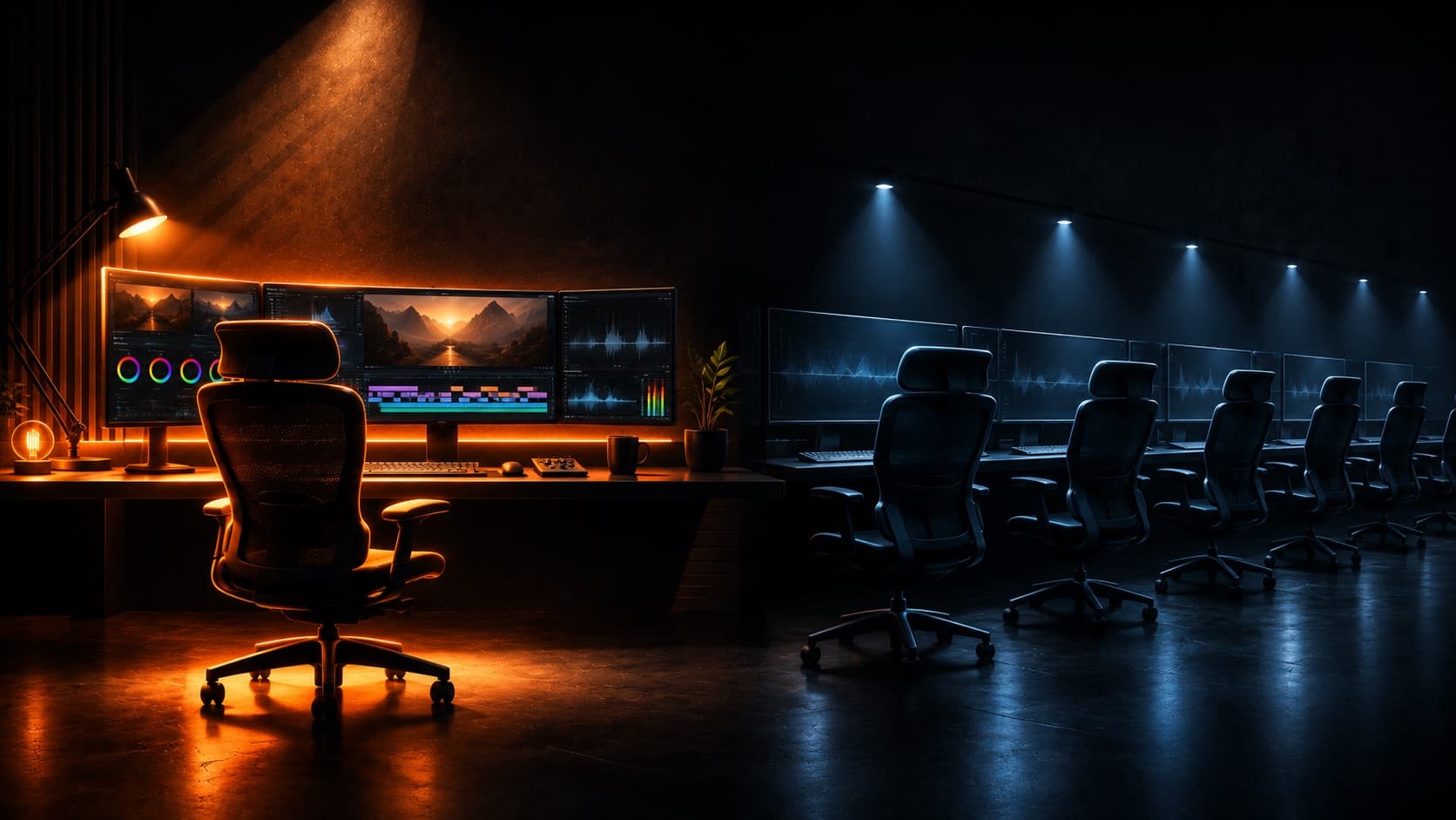 Um editor dedicado (uma única cadeira iluminada) contrastado com um pool rotativo de editores (uma fileira de cadeiras frias e intercambiáveis)