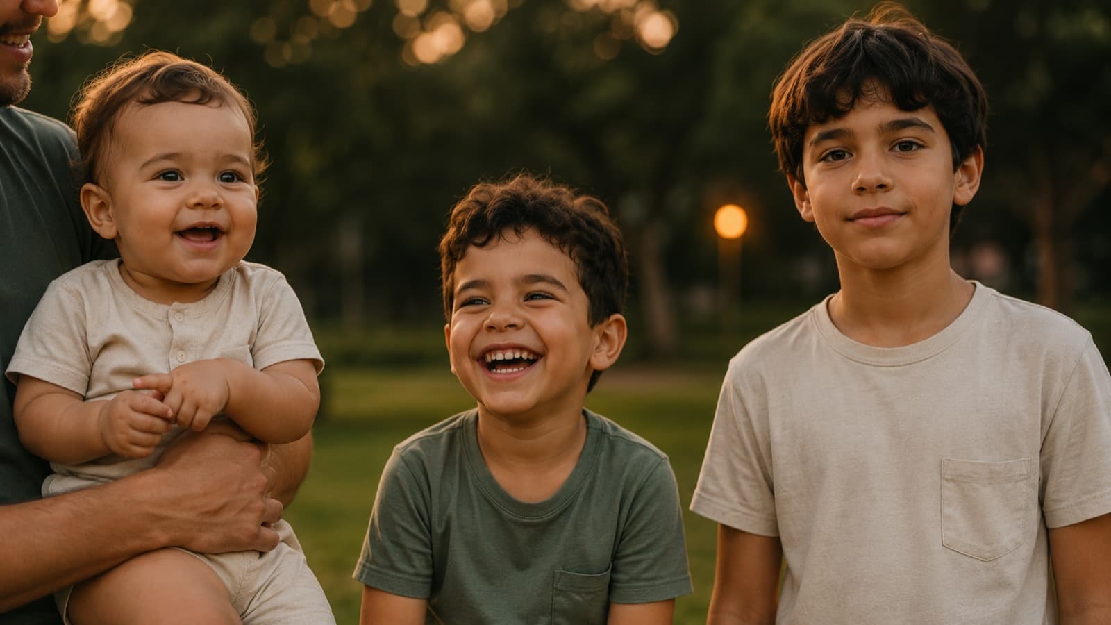 Crianças de diferentes idades lado a lado — bebê, criança e pré-adolescente