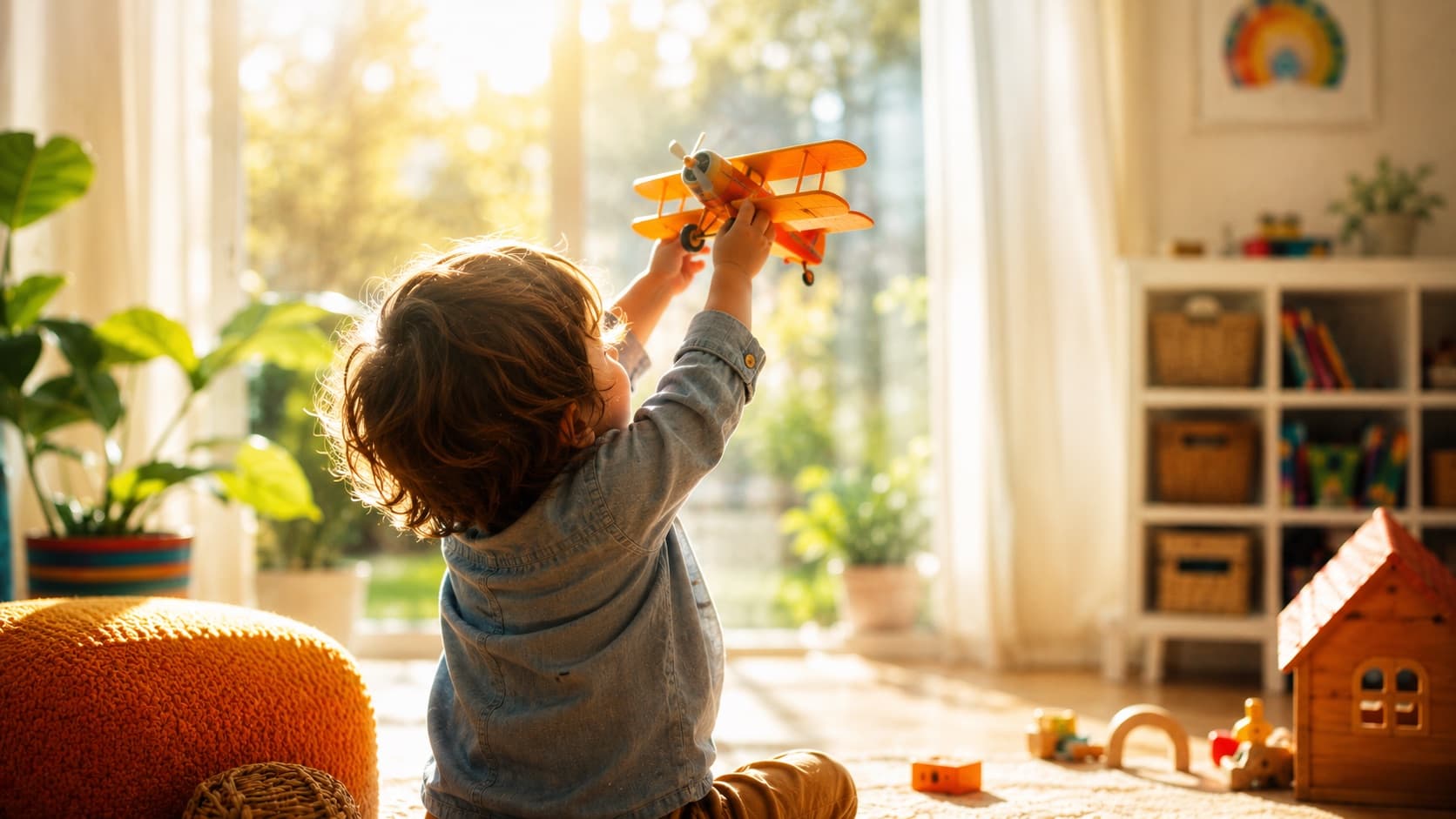Criança brincando à luz do sol, encantada com um brinquedo — aprendizado feliz e seguro