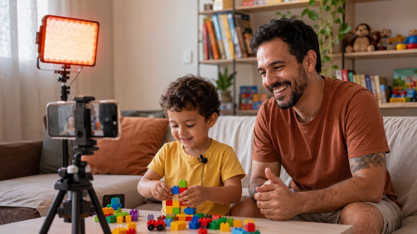 Setup caseiro de gravação infantil — luz suave, microfone de lapela e celular num tripé